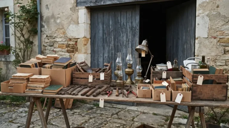 Table de vide-garage devant un garage en pierre avec outils anciens, lampes à huile, livres et caisses en bois